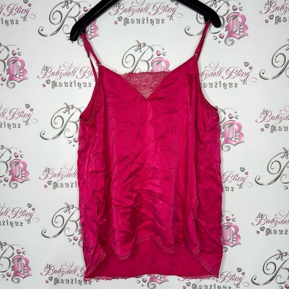 Free people tank top silk flowy lace bright pink shiny soft lace trim floral